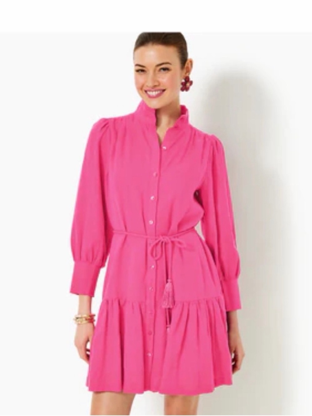 Lilly Pulitzer Hot Pink Button-Front Tiered Shirt Dress